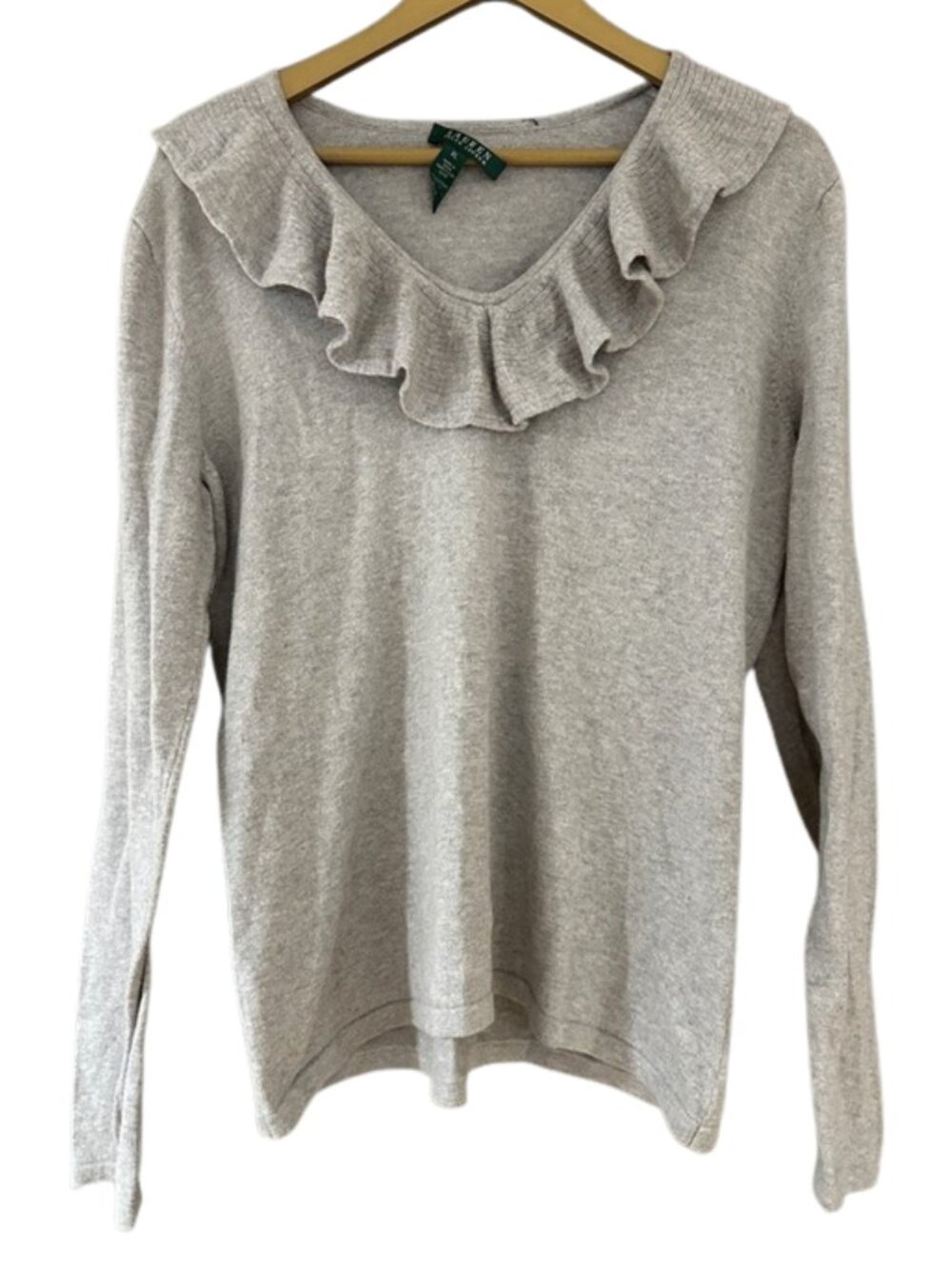 Lauren Ralph Lauren Ruffle V-Neck Sweater Gray Long Sleeve Feminine Knit